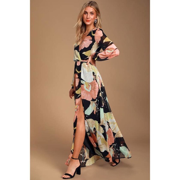 Lulus Wrap Maxi Dress XS Black Floral Print Wondrous Water Lilies Long Sleeve - Picture 5 of 12